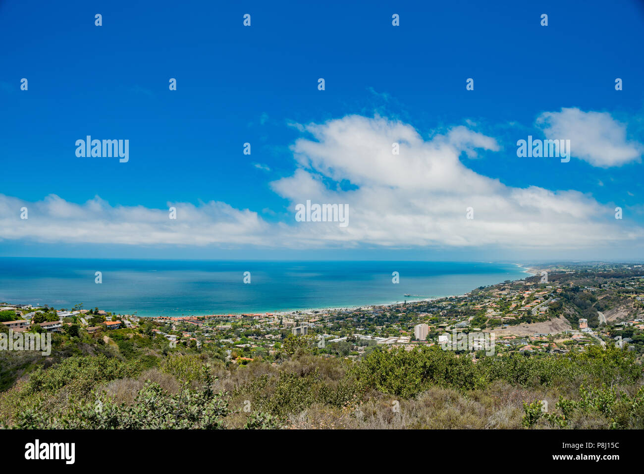 Aerial view of the beautiful landscape and cityscape around La Jolla area from Mt. Soledad