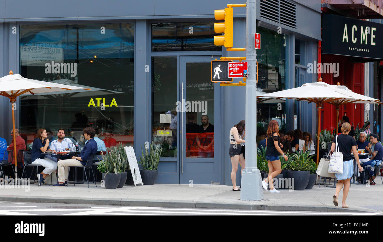 Atla, 372 Lafayette St, New York, NY. exterior storefront of a trendy mexican restaurant, and sidewalk cafe in the NoHo neighborhood of Manhattan. Stock Photo