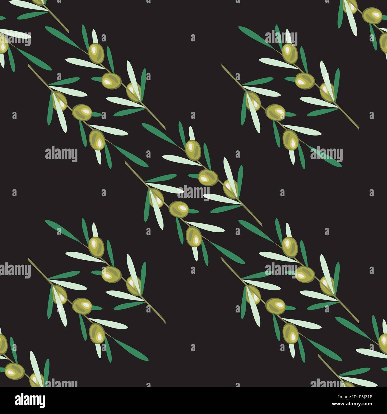Branches of olive tree. Seamless pattern. Green olive fruit, leaves ...