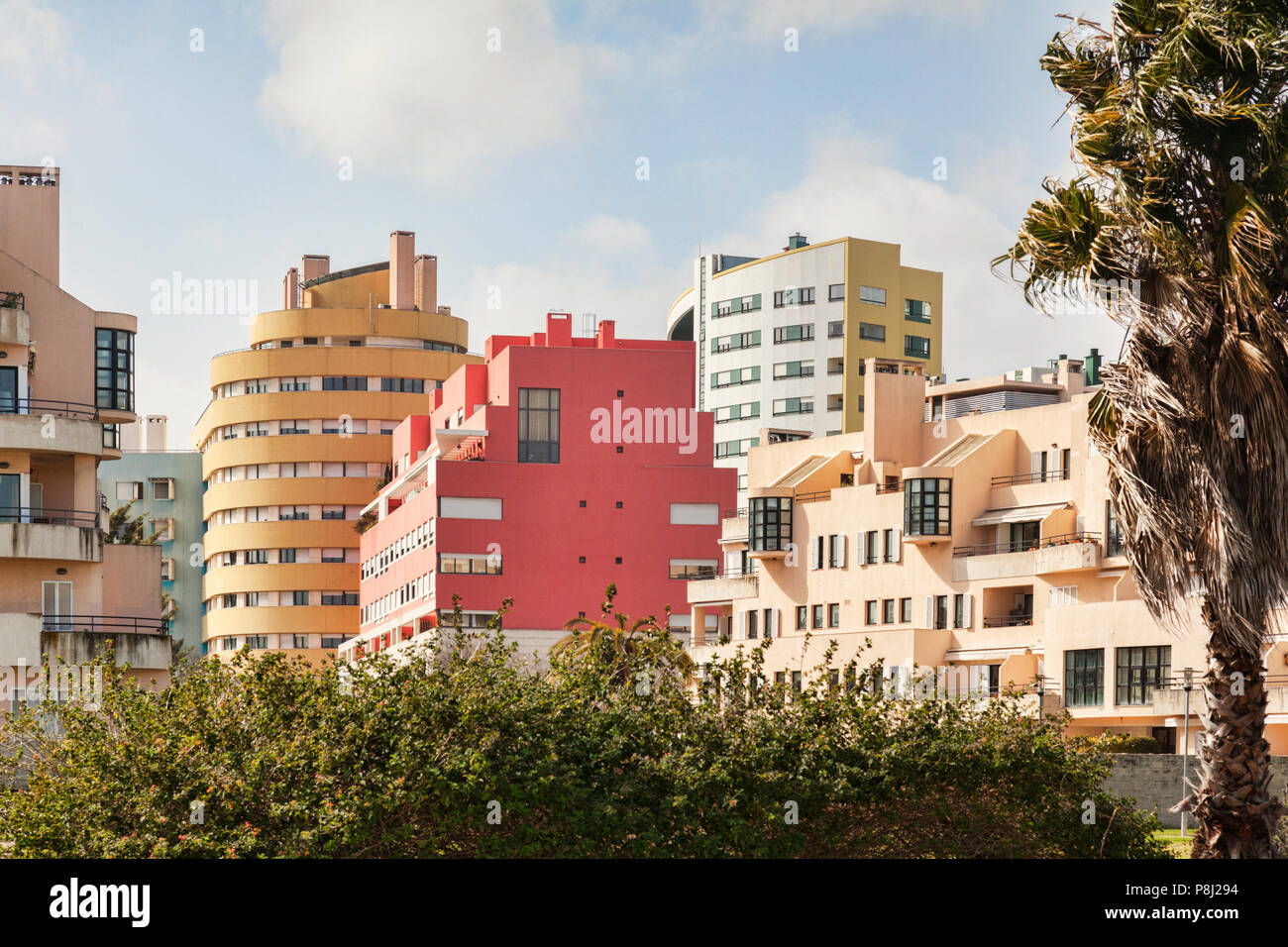 2 March 2018: Lisbon, Portugal - Colourful modern apartment buildings at Alcochete, Sacavem Stock Photo