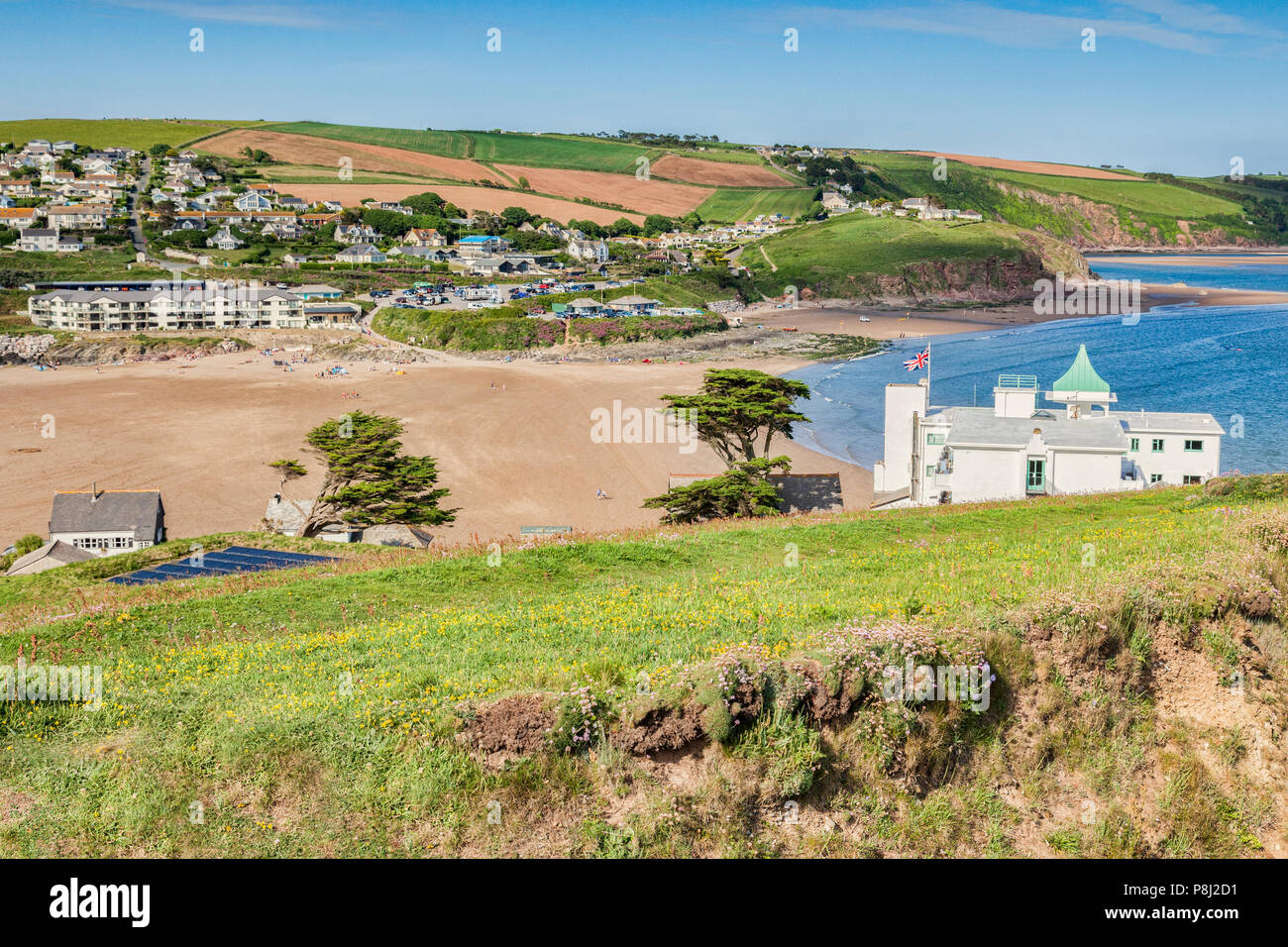 3 June 2018: Bigbury on Sea, Devon, UK - A view across to Bigbury from Burgh Island at low tide. The Burgh Island Hotel is on the right. Stock Photo