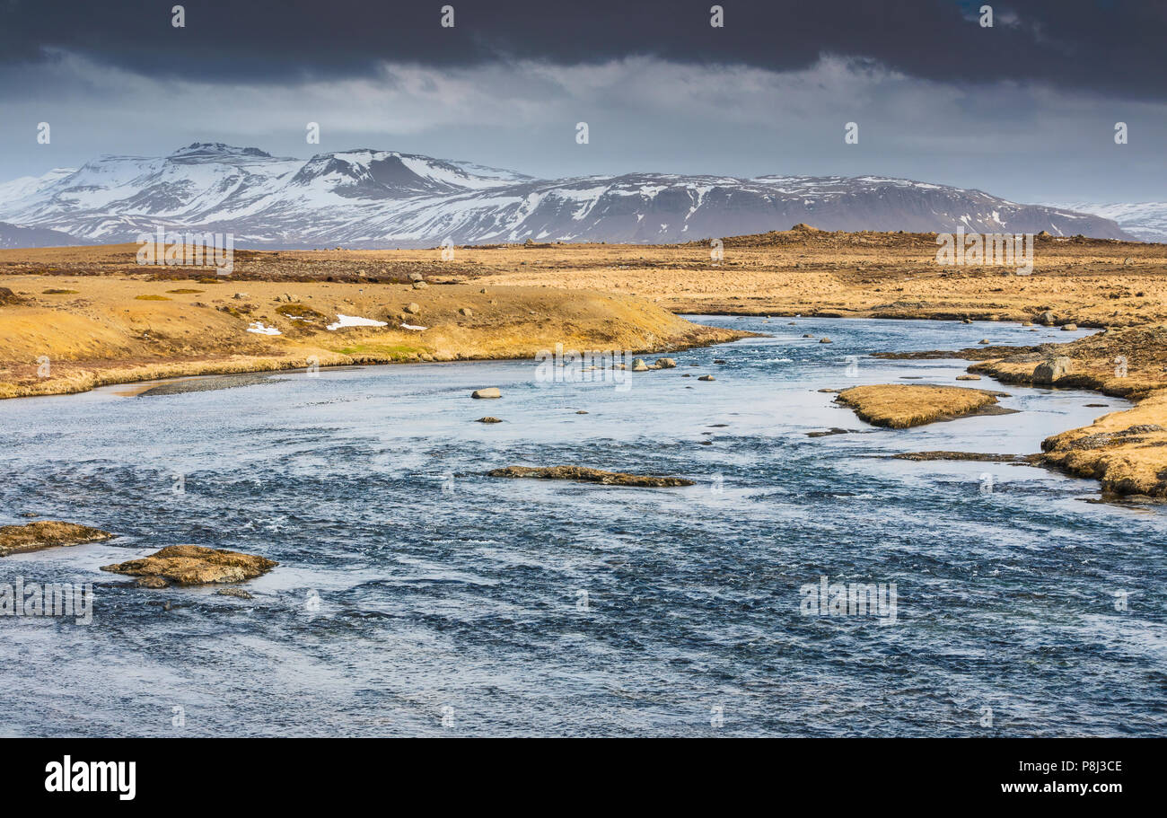 Iceland river nature landscape, (Baejarfell Mountain) Stock Photo