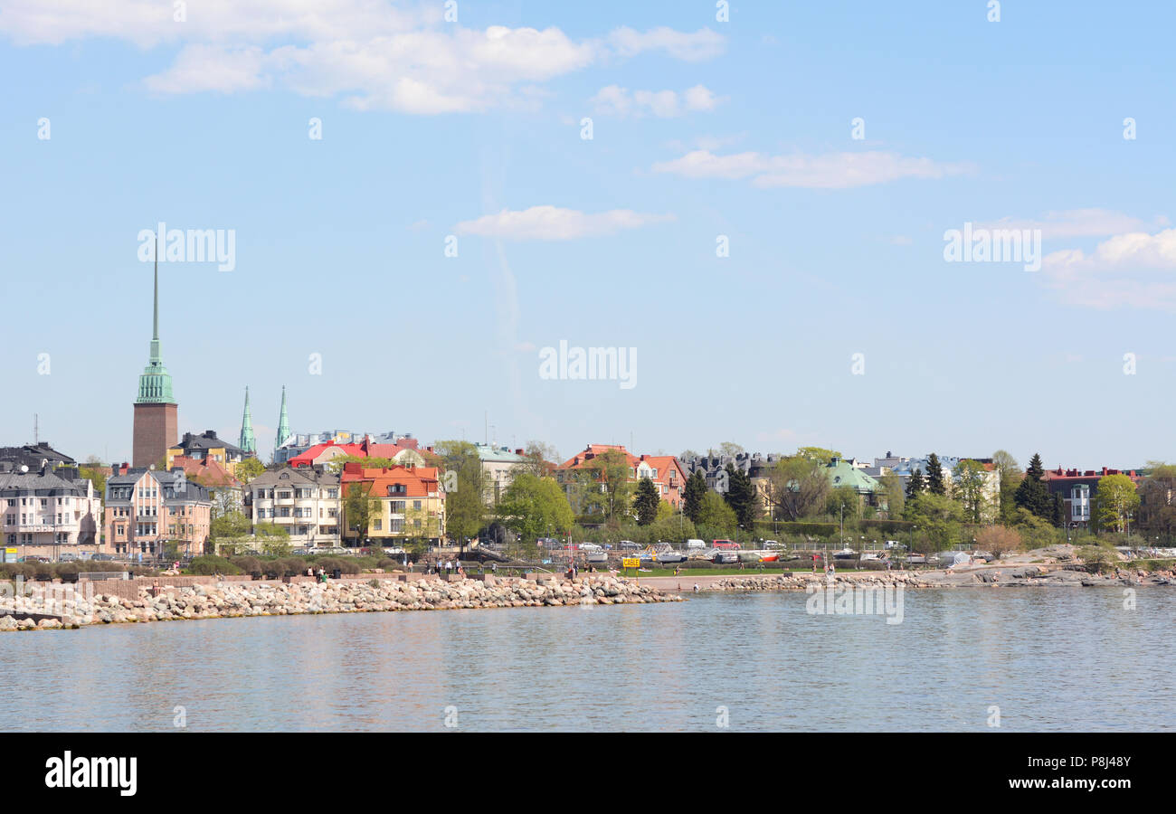 View from the shoreline of Munkkisaari district in Helsinki, across the Finnish Gulf to Eira district Stock Photo