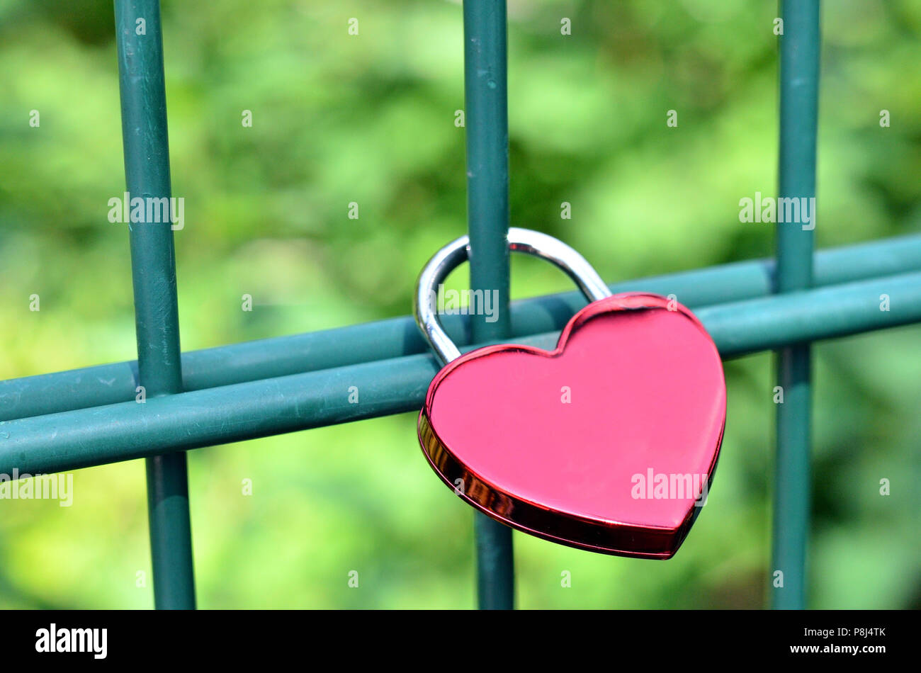Heart-shaped padlock hangs on the bars of a fence to express eternal love Stock Photo
