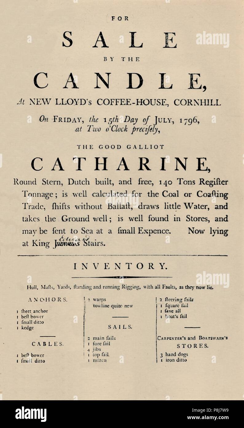 'Advertisement of Sale by Candle at Lloyd's, 1796', 1928. From A History of Lloyd's, by Charles Wright and C. Ernest Fayle. [Macmillan and Company Lim