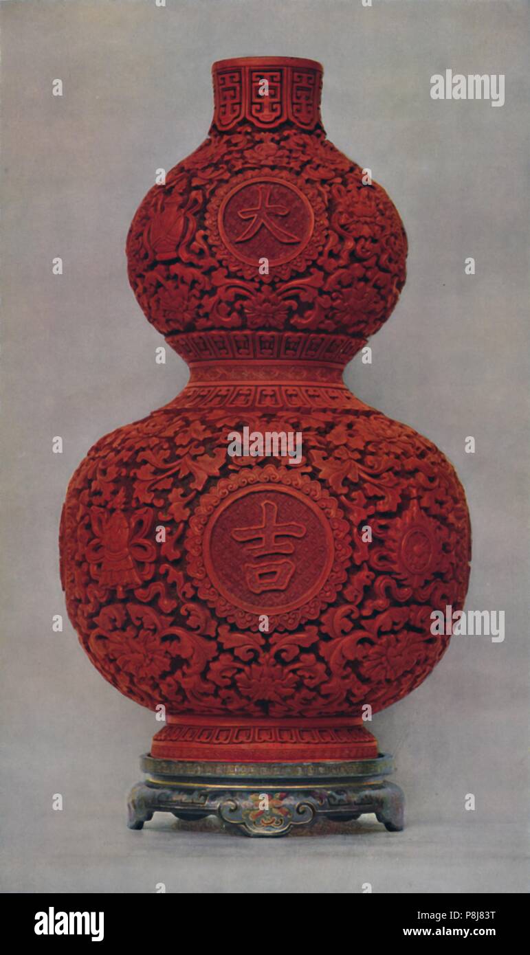 Vase Of Carved Red Lacquer On Olive Green Ground With Stand Of