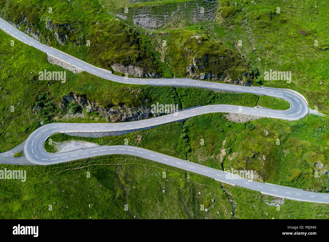 Aerial photo of mountain pass road Oberalppass, Canton Graubünden, Switzerland Stock Photo