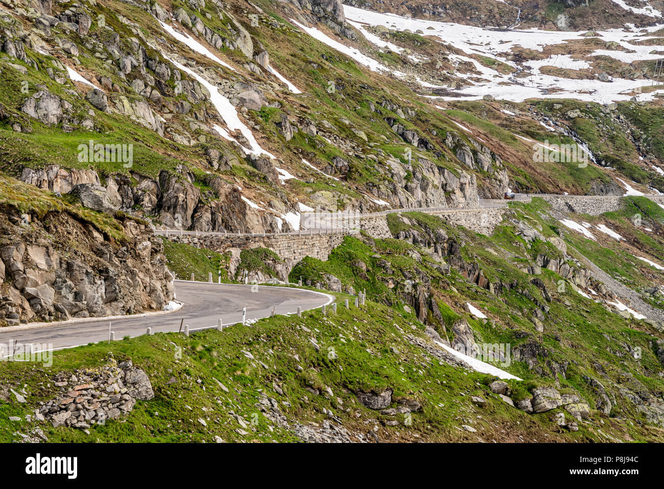 Mountain pass road Furka Pass, Urserental, Canton Uri, Switzerland Stock Photo