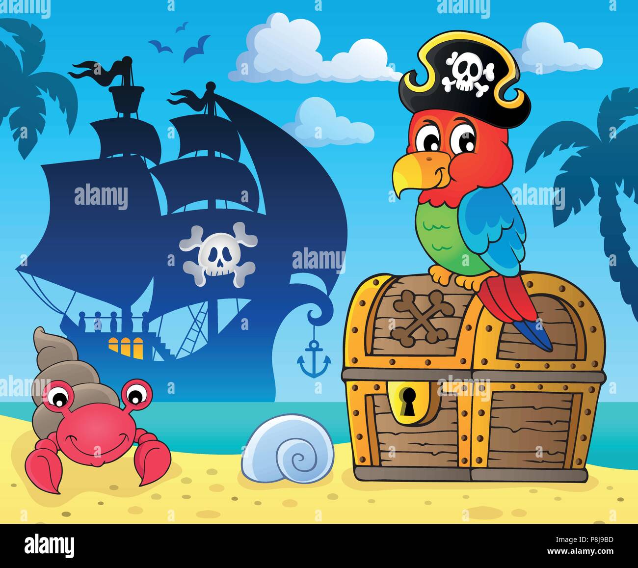 Пират с сундуком и попугаем