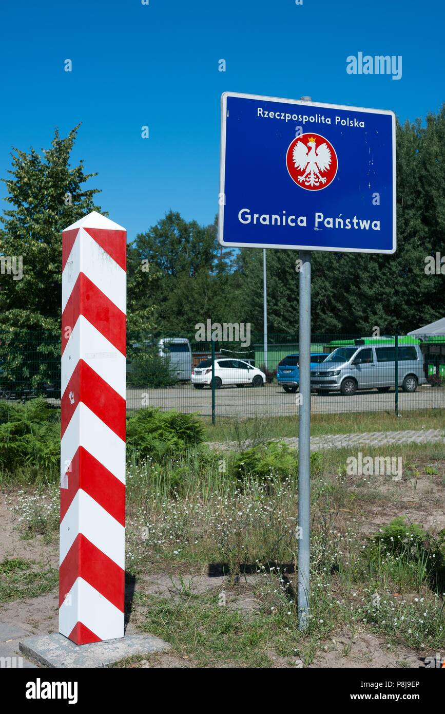 Border between Germany and Poland, Polish border post and sign, Ahlbeck, Swinemünde, Usedom Island Stock Photo