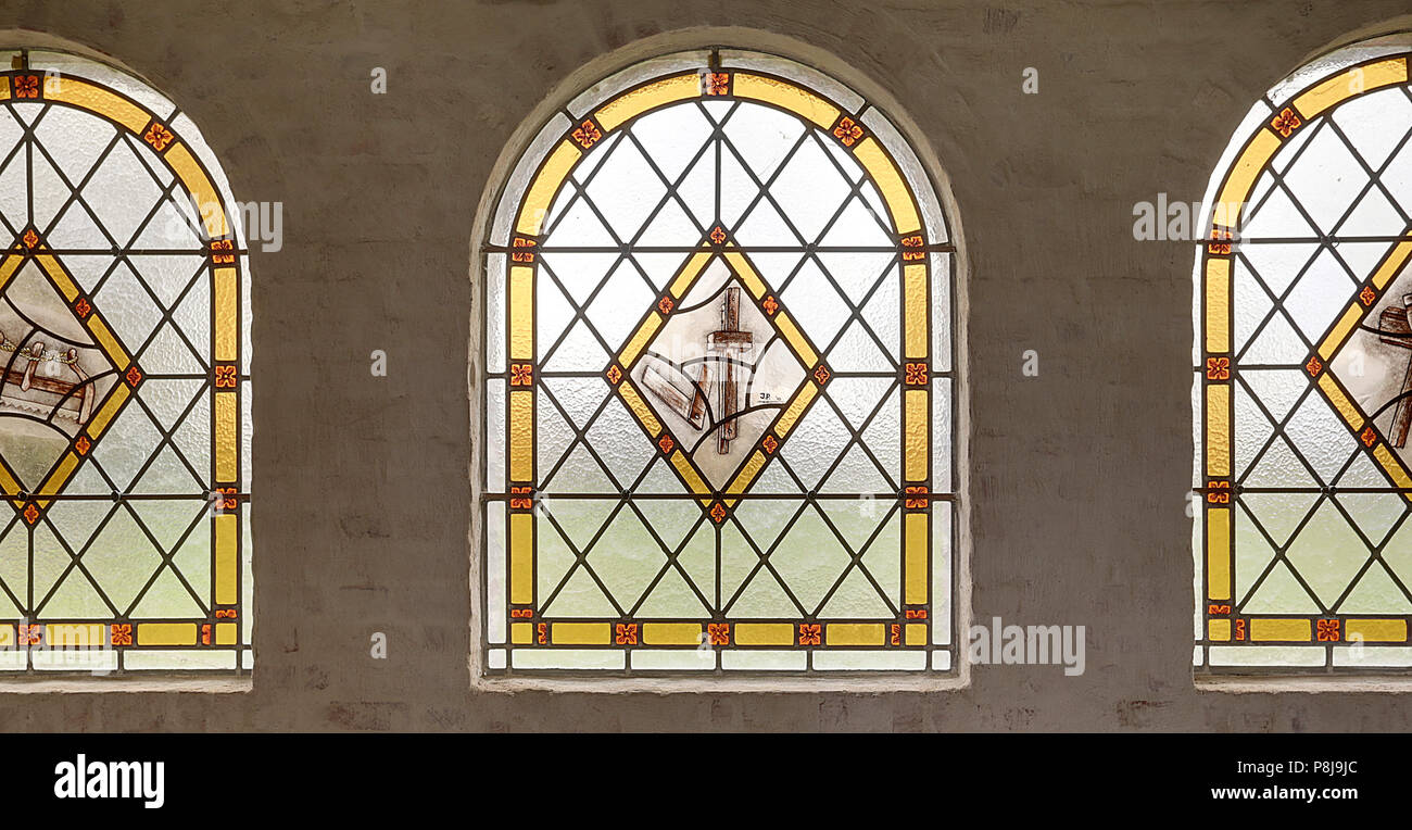 Stained glass windows in a church close-up Stock Photo