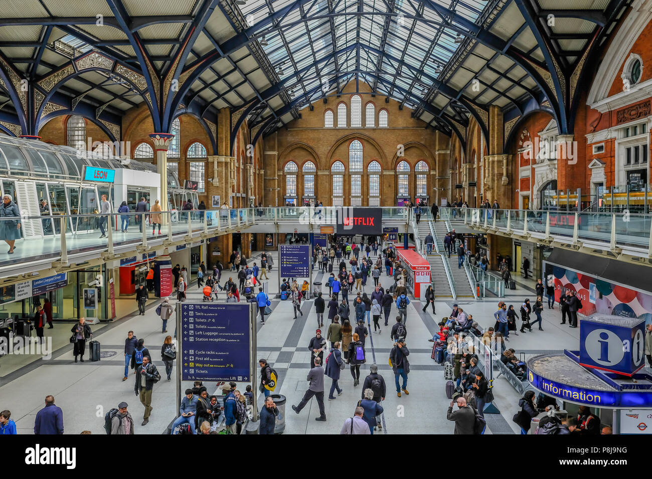 Liverpool Street, London, UK - April 6, 2018: Busy Liverpool Street Mainline Station, shows concourse and architecture of this stunning building. Stock Photo
