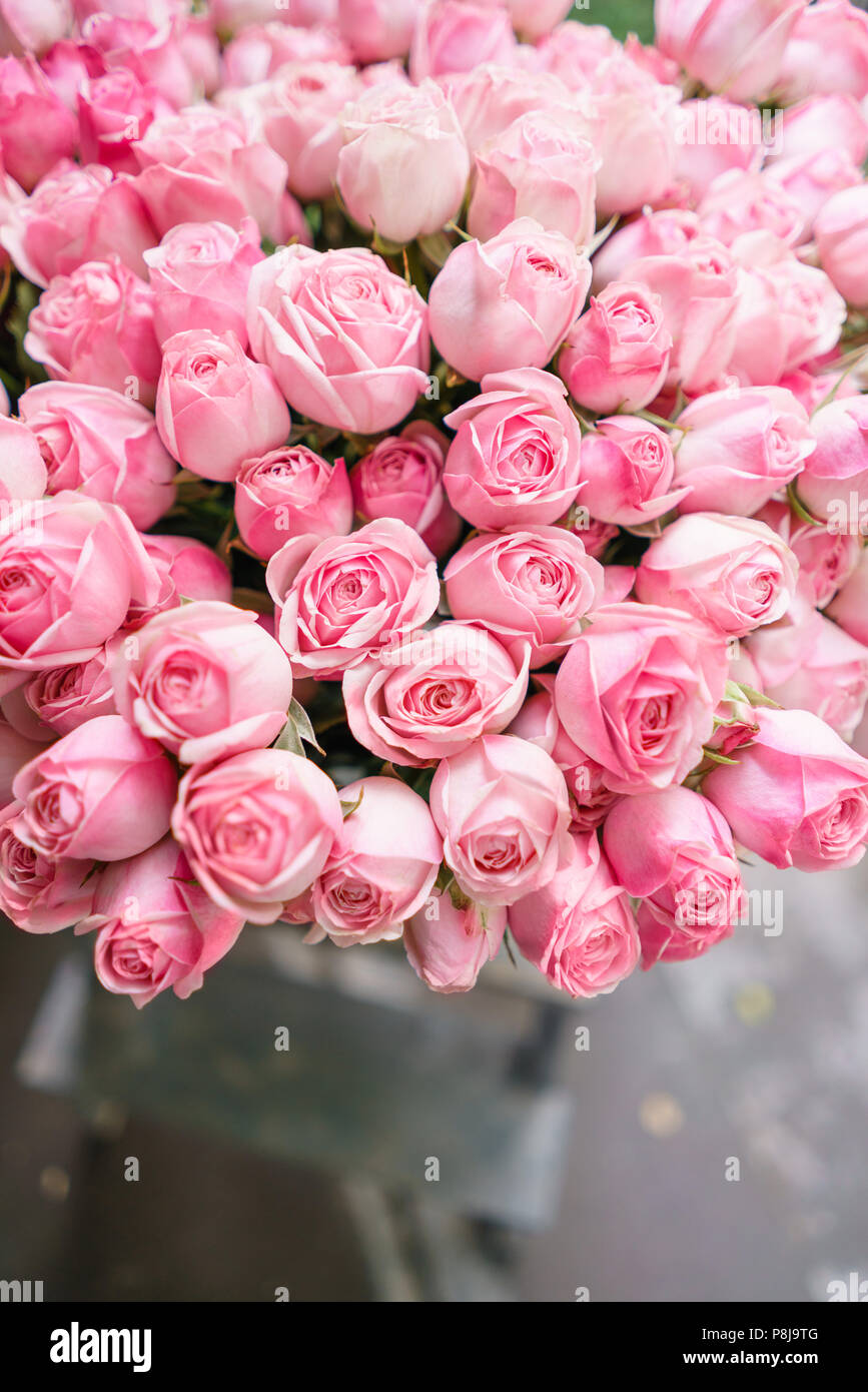 Light Pink Bush Roses Flowers In Vase On Wooden Table Beautiful Summer Bouquet Arrangement With Mix Flowers The Concept Of A Flower Shop Content For The Catalog Stock Photo Alamy