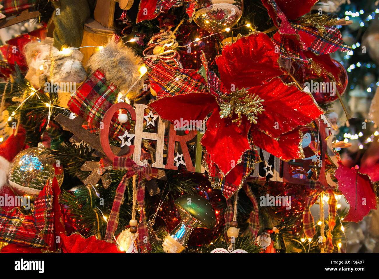 Wooden Christmas text on the tree Stock Photo - Alamy