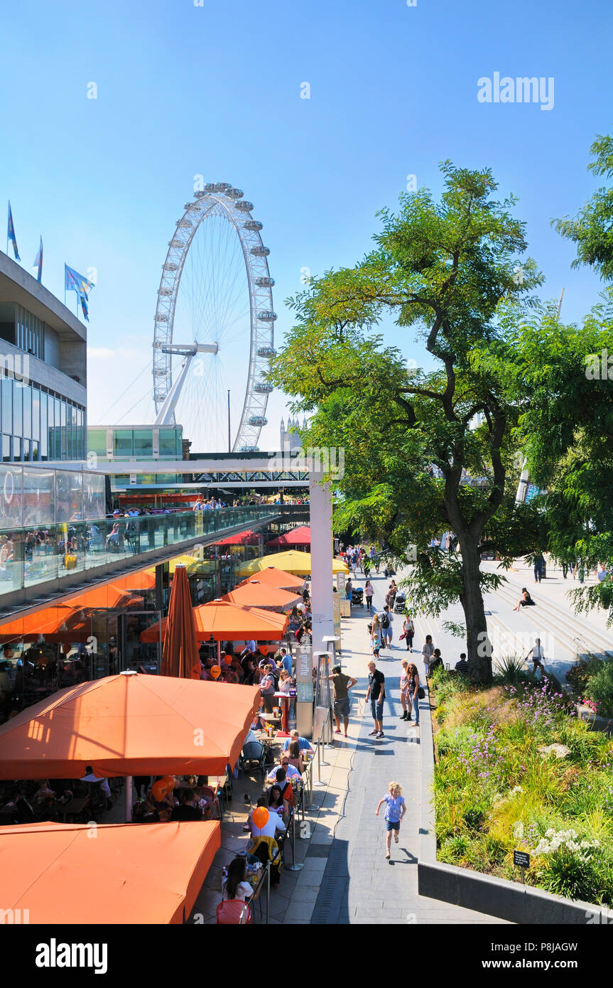 Cafes and restaurants outside the Royal Festival Hall, Southbank Centre, London, England, UK Stock Photo