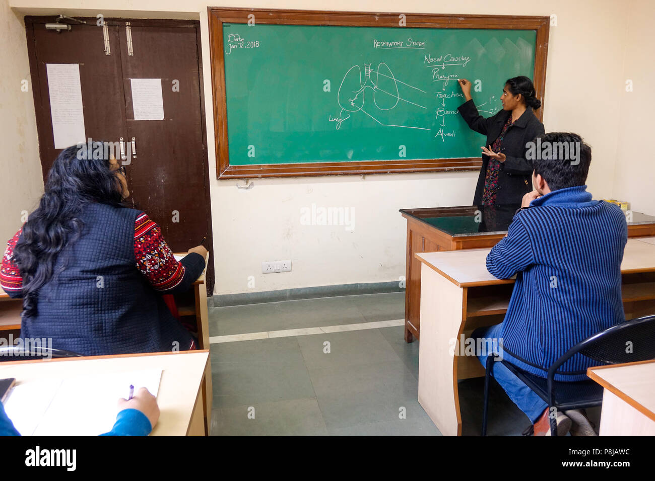 A young beautiful lady professor teaching and explaining science subject topic respiration by drawing diagram using chalk on chalkboard. Stock Photo