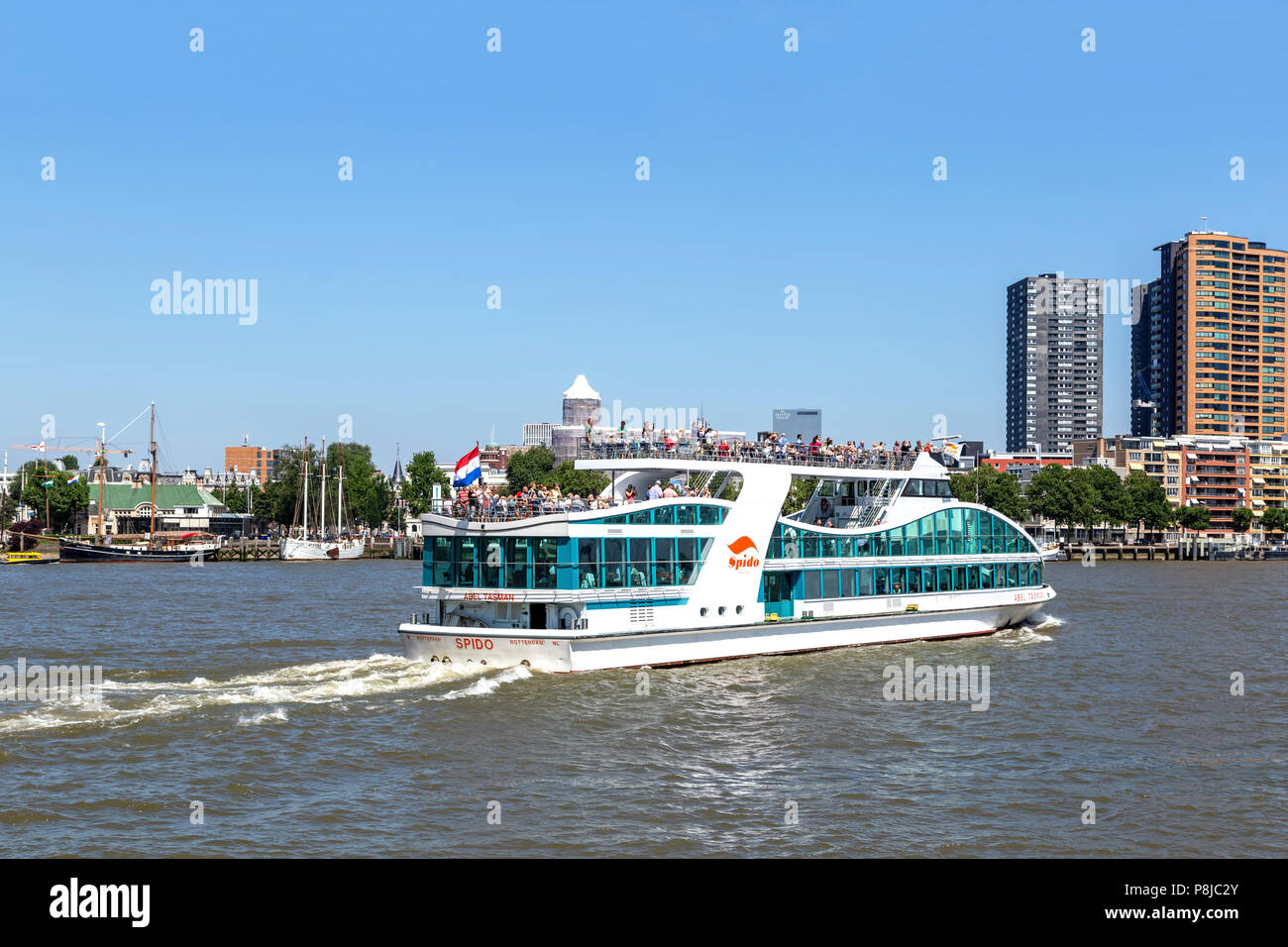 A SPIDO passenger ship, ferrying tourists across Nieuwe Maas, Rotterdam, South Holland, The Netherlands. Stock Photo