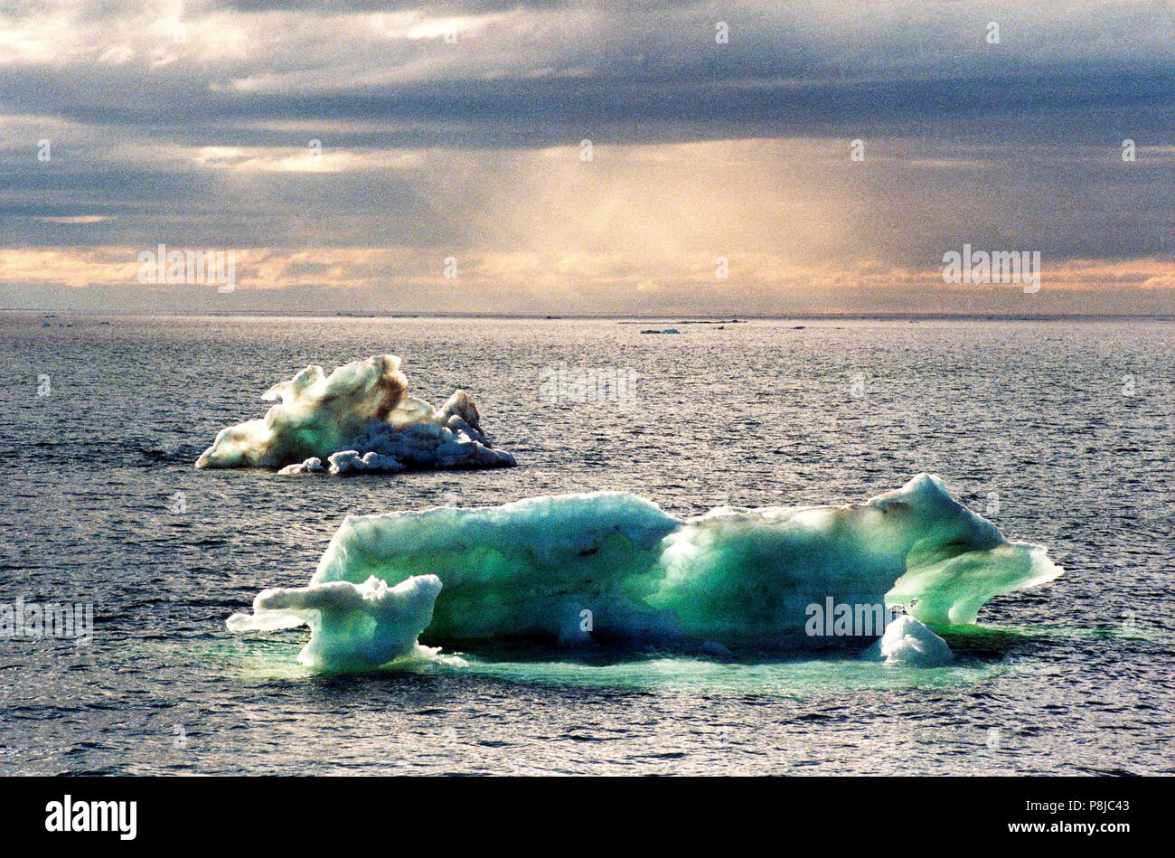 Beaufort Sea in the north of Alaska / US, oil exploration area. A single ice floe floats on the water. Stock Photo