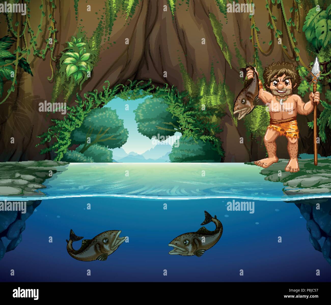 A Caveman Catching Big Fish illustration Stock Vector