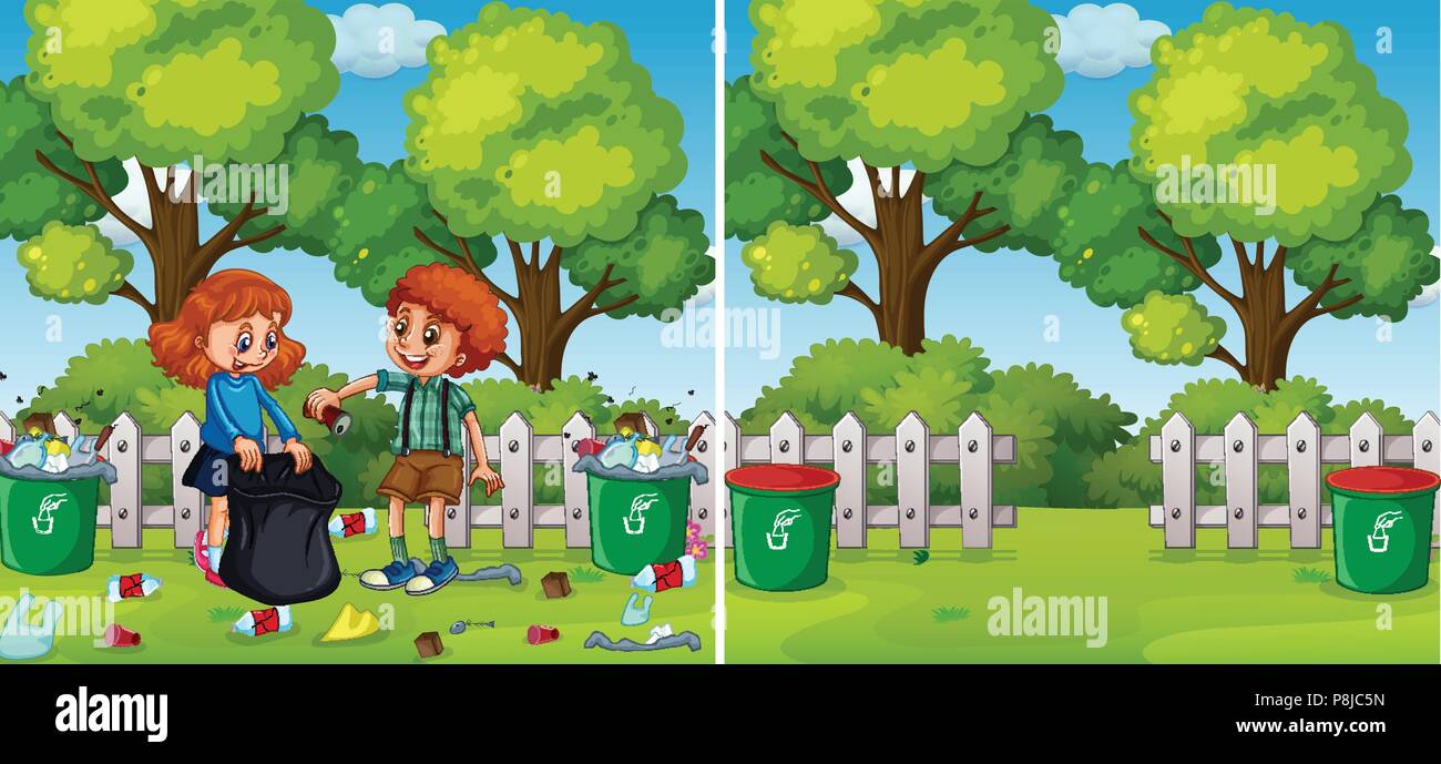 Before and After Kids Cleaning Park illustration Stock Vector Image