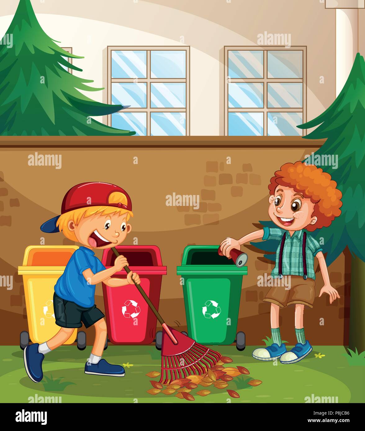 Boys Help Cleaning Yard illustration Stock Vector