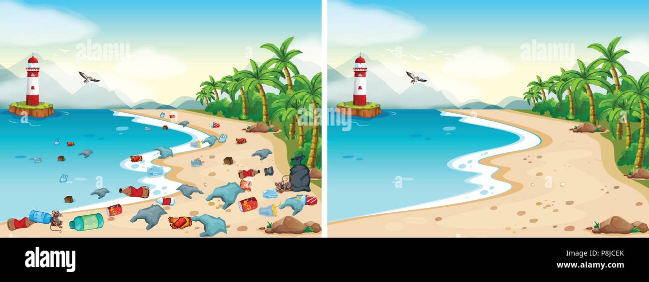 Comparison of Dirty and Clean Beach illustration Stock Vector Image