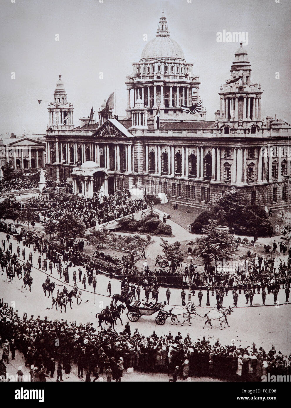 The opening of the first Parliament of Northern Ireland at City Hall, Belfast on June 22, 1921 by King George following Northern Ireland's general election  held on 24 May 1921. It was the first election to the Parliament of Northern Ireland. Ulster Unionist Party members won a two-thirds majority of votes cast and more than three-quarter of the seats in the assembly. The election took place during the Irish War of Independence, on the same day as the election to the parliament of Southern Ireland. Stock Photo