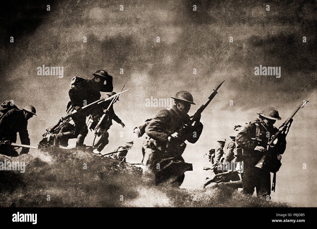 British soldiers going 'over the top' when they emerged from trenches and charged out over open land to attack the enemy. Soldiers did not look forward this moment, and certainly many of them must have regarded it as foolhardy and dangerous.  Trench warfare was a type of land warfare using occupied fighting lines consisting largely of military trenches, in which troops are well-protected from the enemy's small arms fire and are substantially sheltered from artillery. The most famous use of trench warfare was the Western Front in World War I. Stock Photo