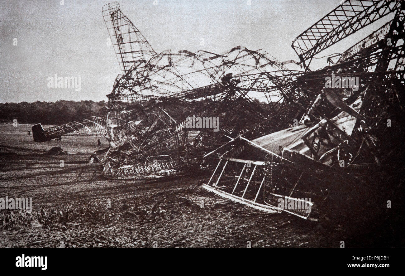 The remains of the R101, a British rigid airship, part of a British government programme to develop civil airships capable of service on long-distance routes within the British Empire.  The world's largest flying craft  at 731 ft (223 m) in length, it crashed on 5 October 1930  at Beauvais in France during its maiden overseas voyage, killing 48 of the 54 people on board. Among the passengers killed were Lord Thomson, the Air Minister who had initiated the programme, senior government officials, and almost all the dirigible's designers from the Royal Airship Works. Stock Photo