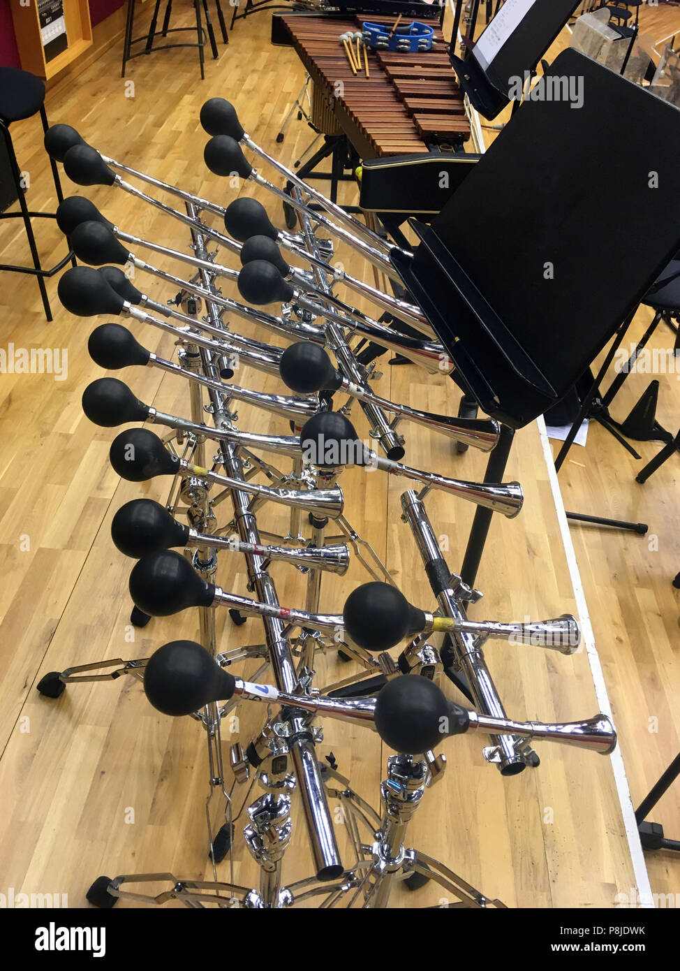Hornophone, collection of car horns laid out like a piano keyboard Stock Photo Alamy