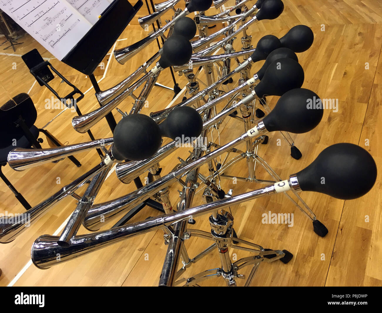 Hornophone, collection of car horns laid out like a piano keyboard