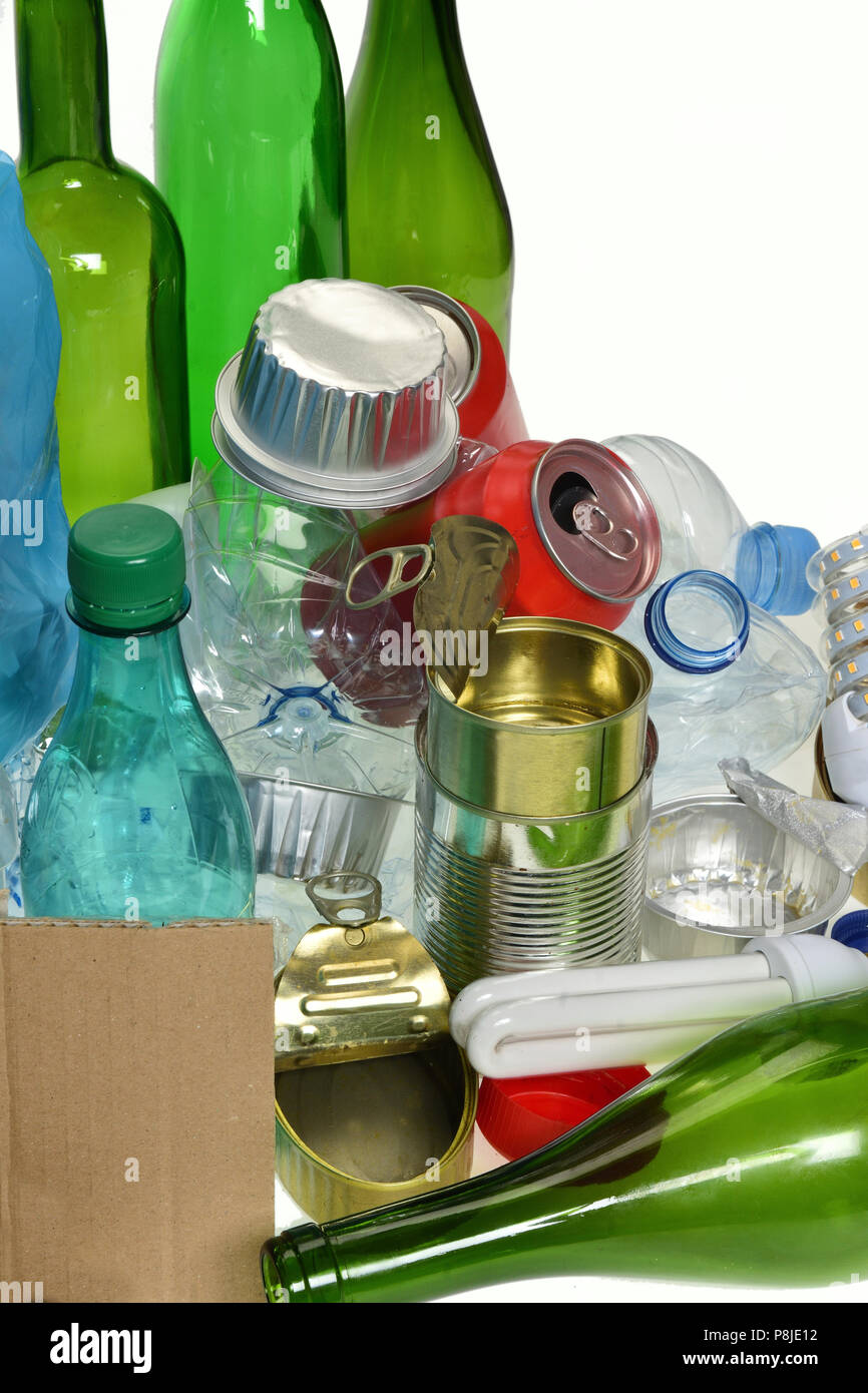 for recycling with, glass bottles, cans, plastic bottle and bulb Stock Photo Alamy