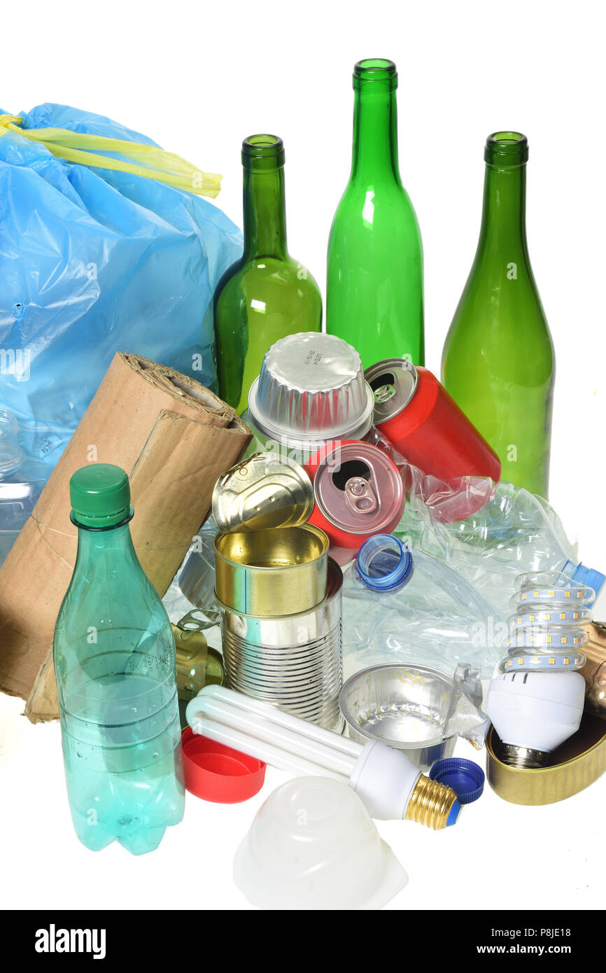 trash for recycling with, glass bottles, cans, plastic bottle and bulb