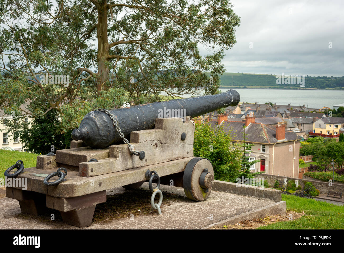 Old Gun Cannon located at College Gardens in the Raleigh Quarter, overlooking the town and the River Blackwater in Youghal, Ireland Stock Photo