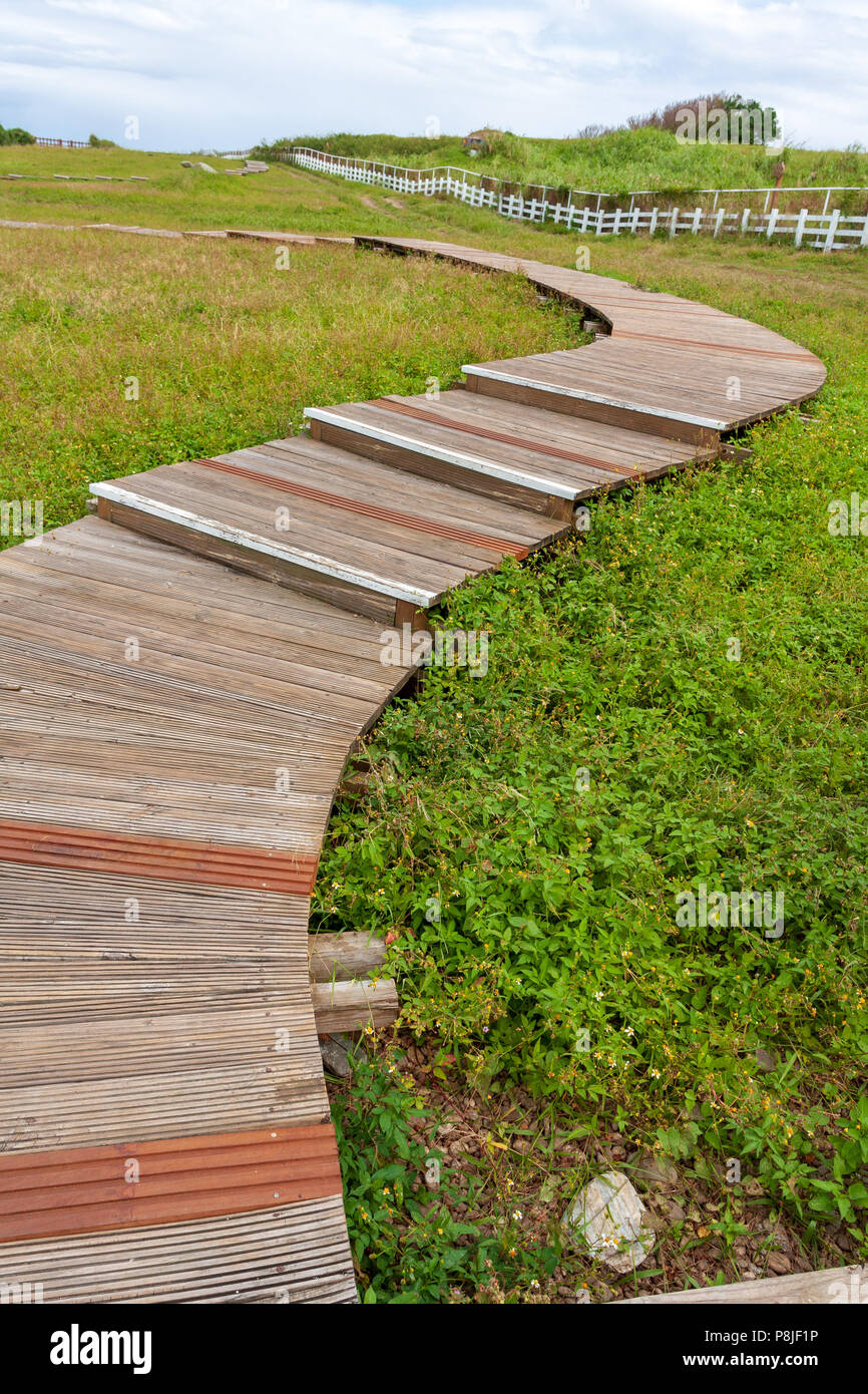 S-shape curve wooden footpath in grass, Mambo (Ocean Sunfish) Oceanic Recreation Park, Hualien County, Taiwan Stock Photo