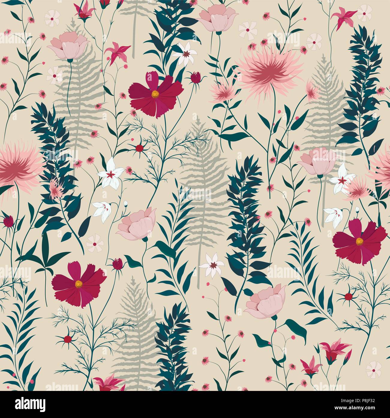 Seamless vector pattern with wild flowers, leaves, Stock Vector