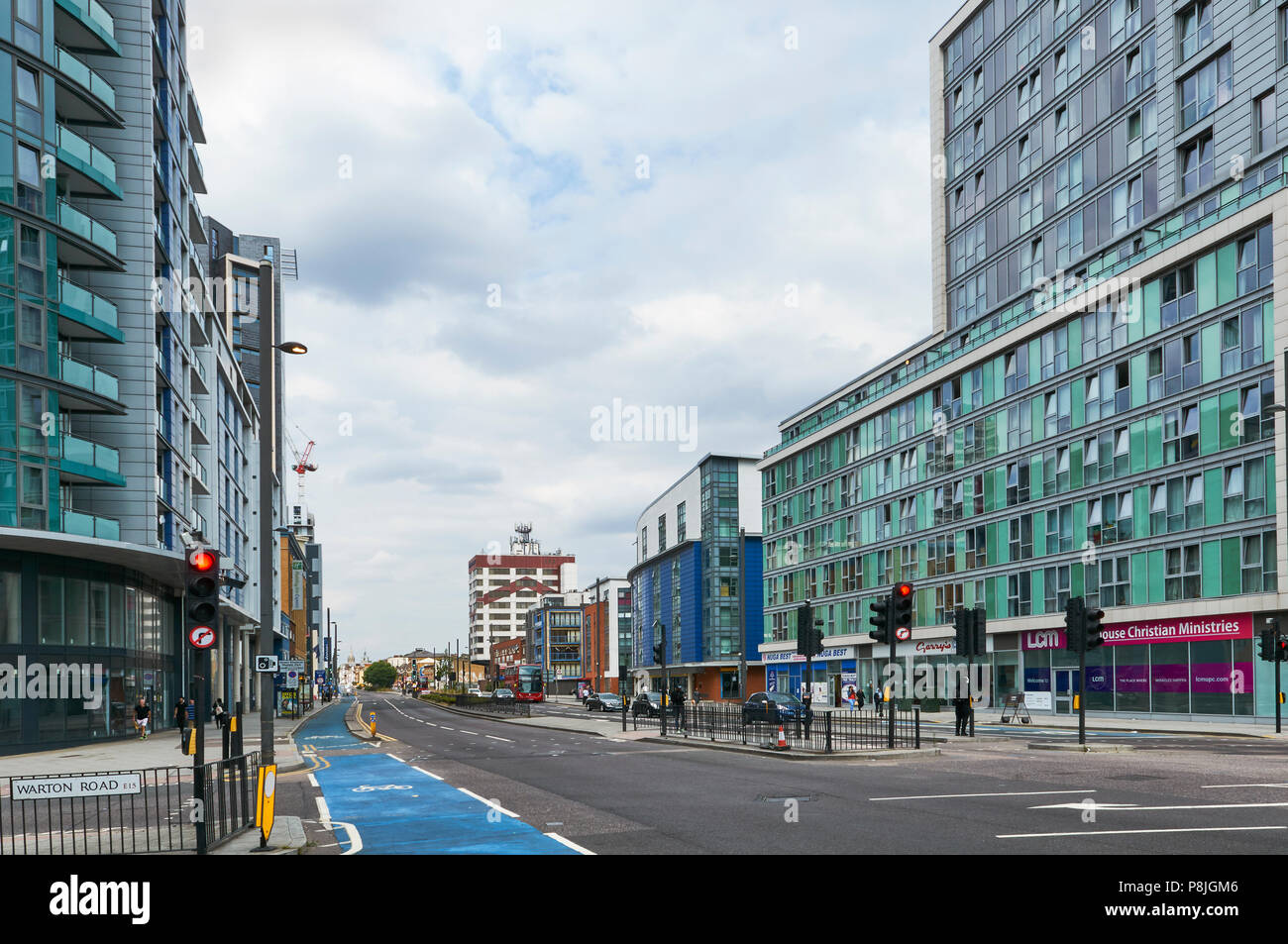 New modern buildings along Stratford High Street, East London UK Stock Photo