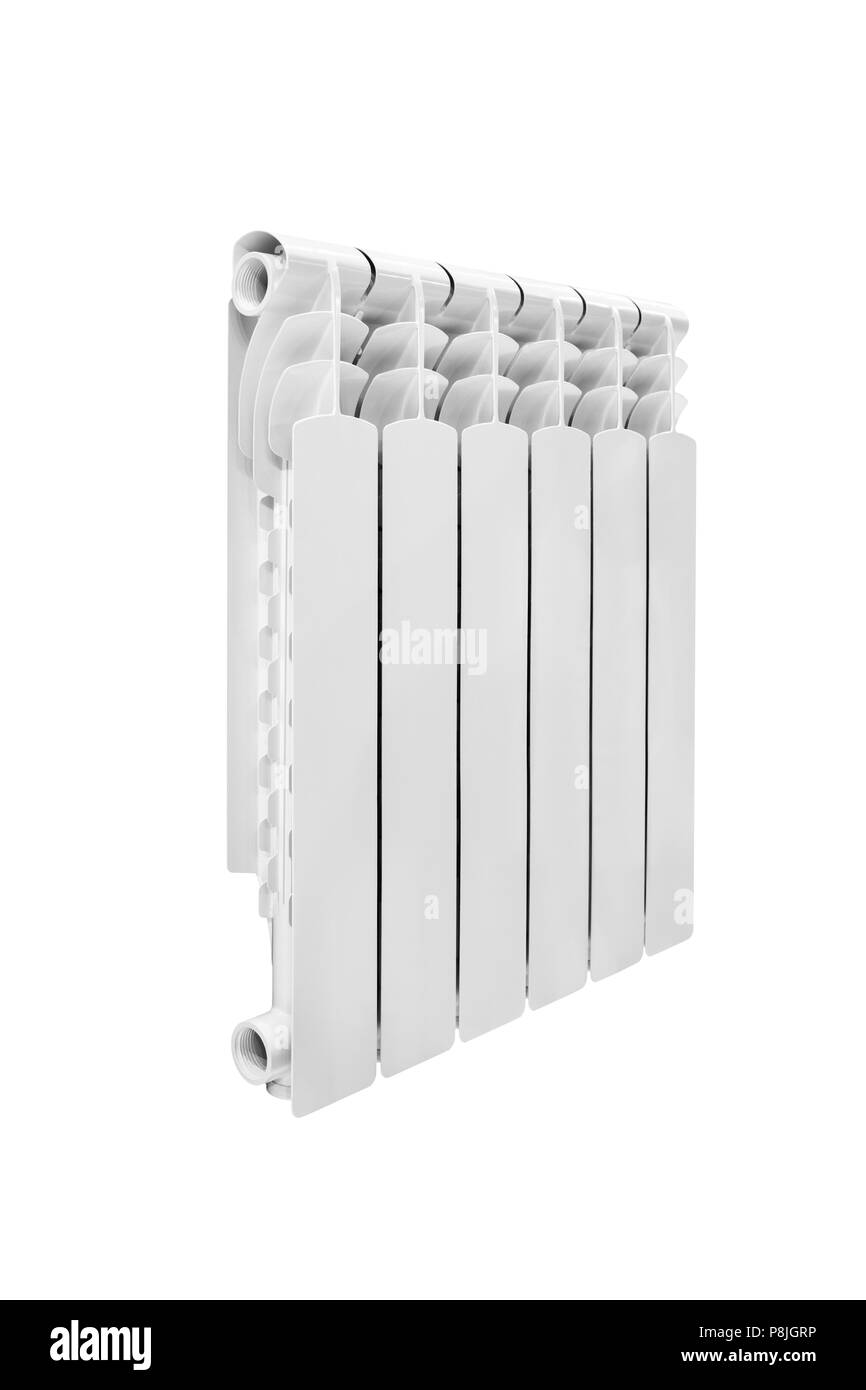 Modern water heating white aluminum bimetalic radiator isolated on white background Stock Photo