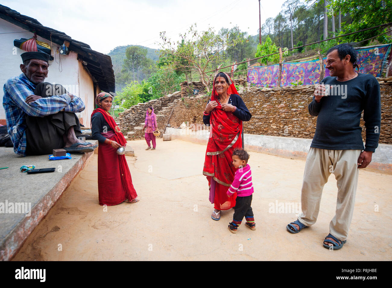Indian people at Dalkanya village on the Nandhour Valley, Kumaon Hills, Uttarakhand, India Stock Photo