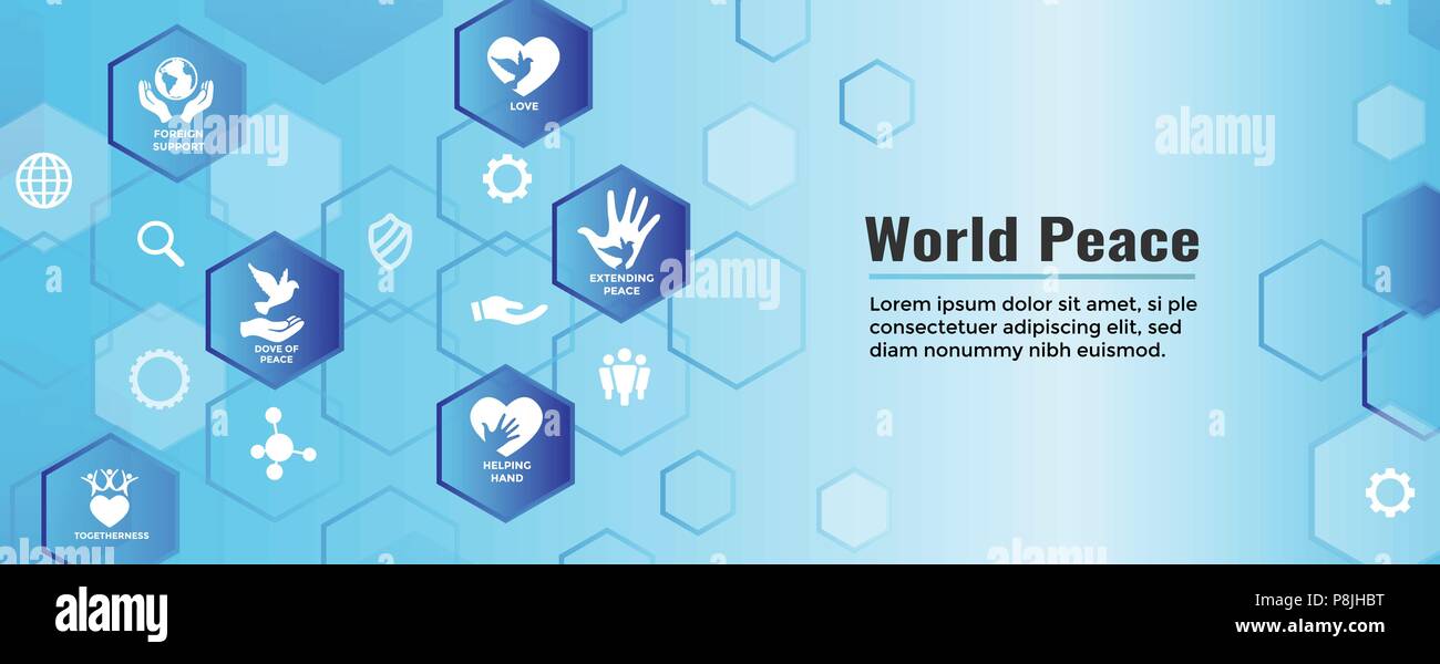 World Peace Web Header Banner with Dove Globe Hand & heart icon set ...