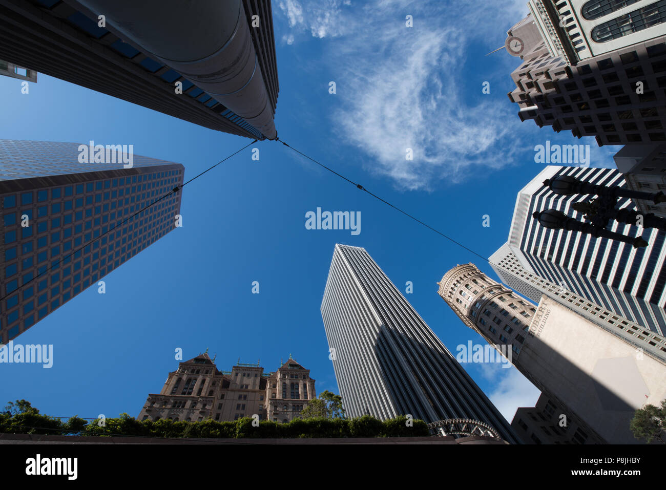Low angle view of skyscrapers, North Beach, San Francisco, California, USA Stock Photo