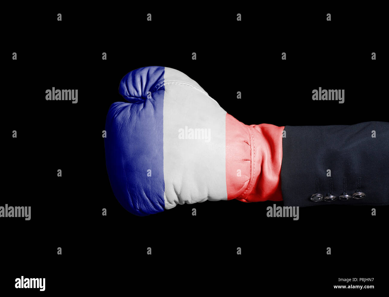 Male hand in Boxing glove with France Flag on black Stock Photo