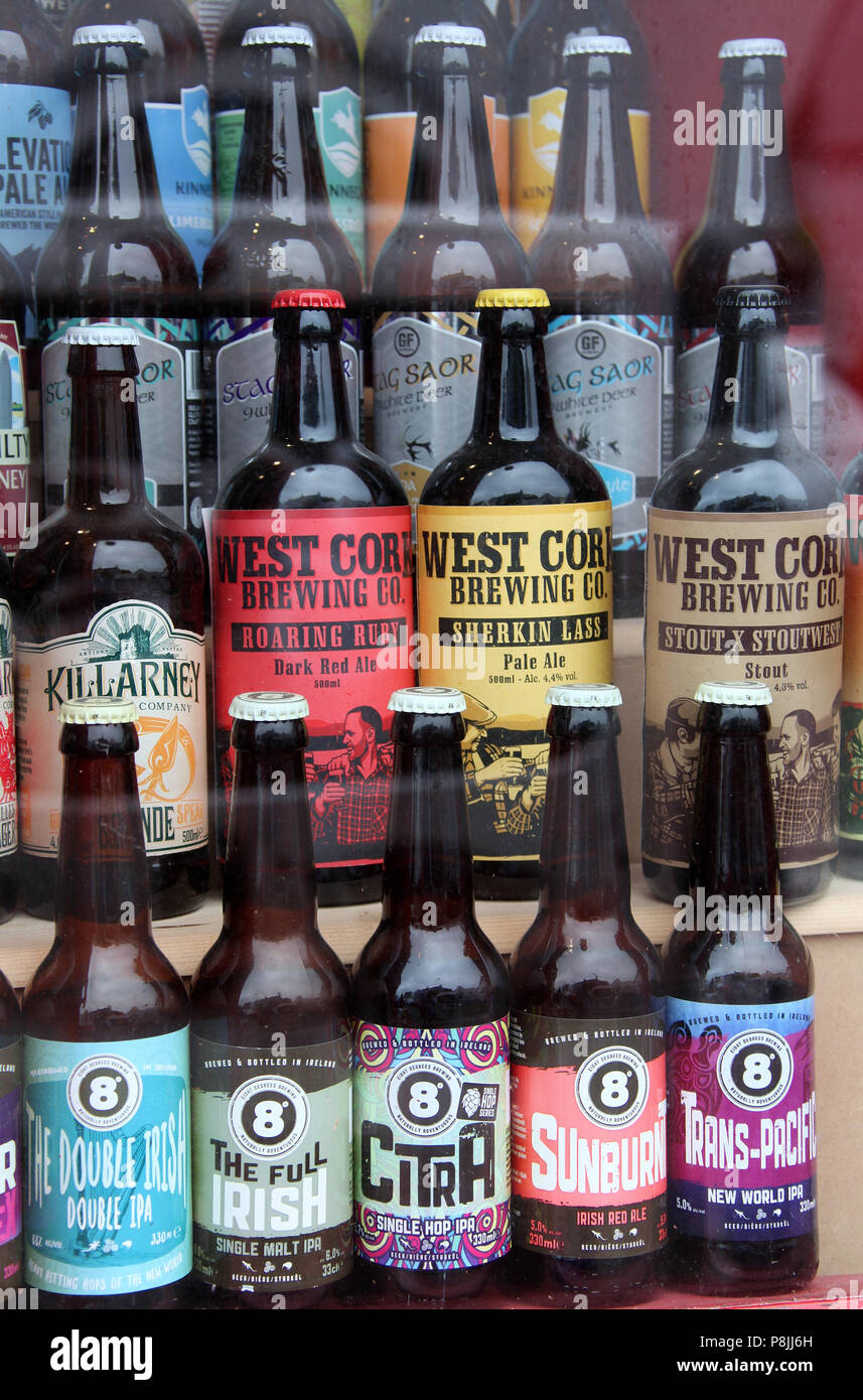 Bottled Irish beers in a shop window in Ireland Stock Photo