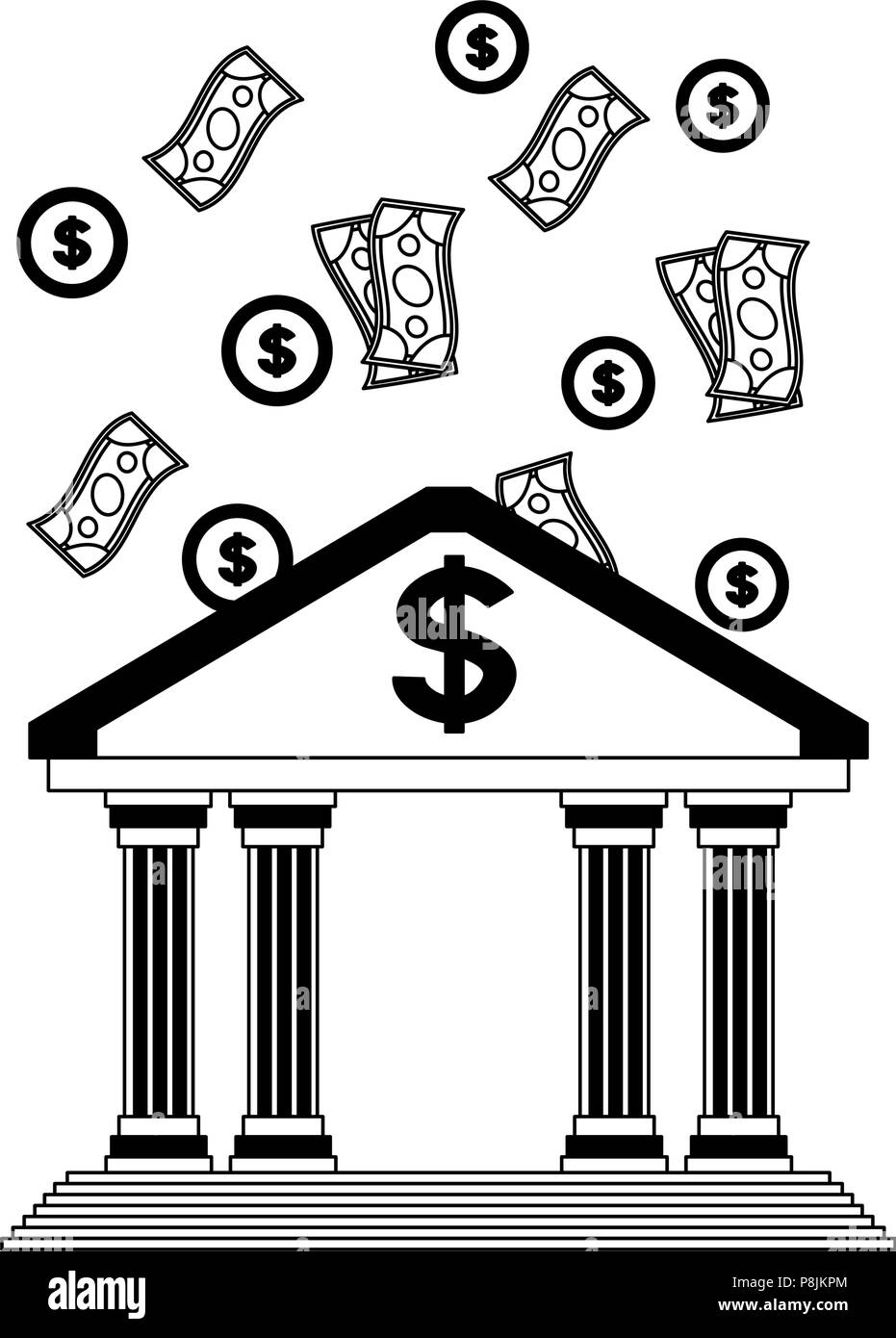 Download Money falling to bank building black and white Stock ...