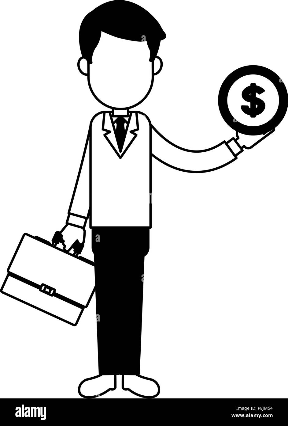 Businessman with briefcase and coin black and white Stock Vector Image ...
