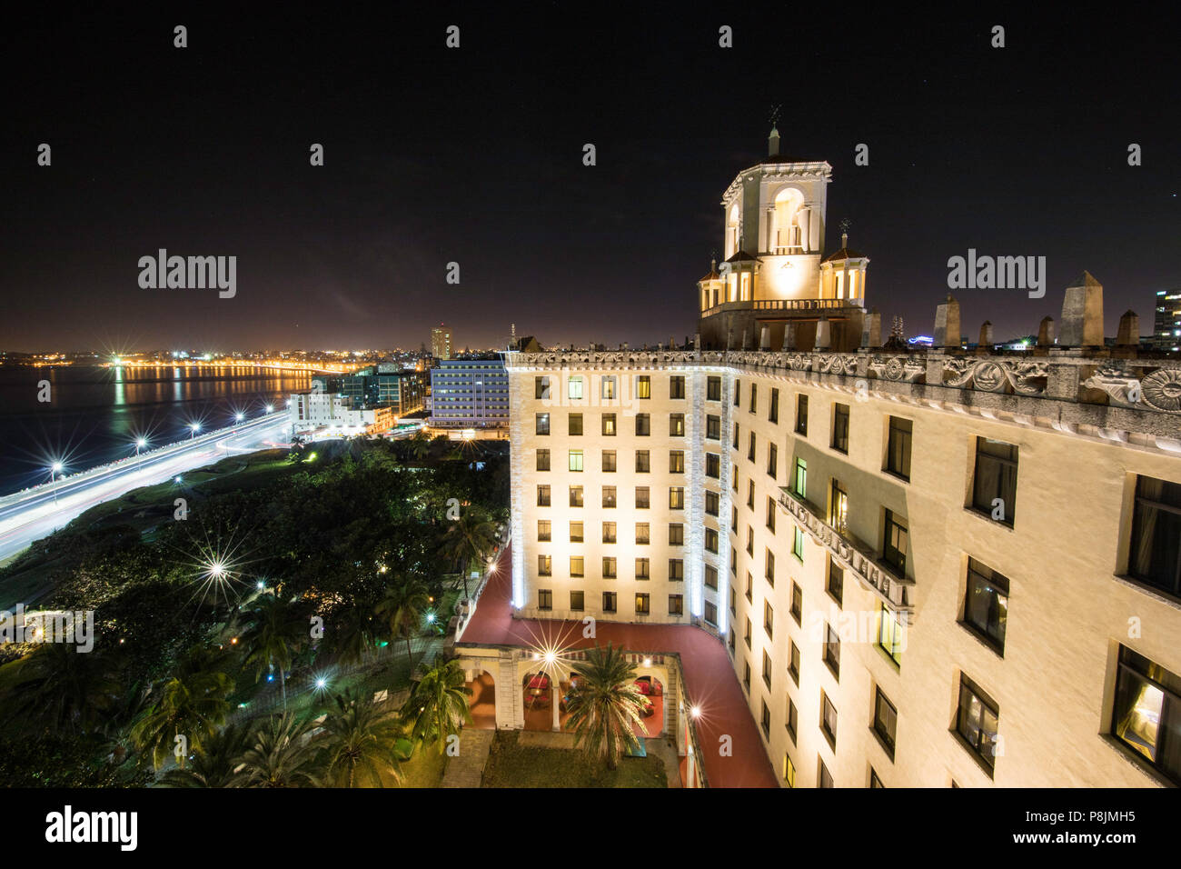 The historic Hotel Nacional de Cuba at night, located on the MalecÃ³n in the middle of Vedado, Cuba Stock Photo