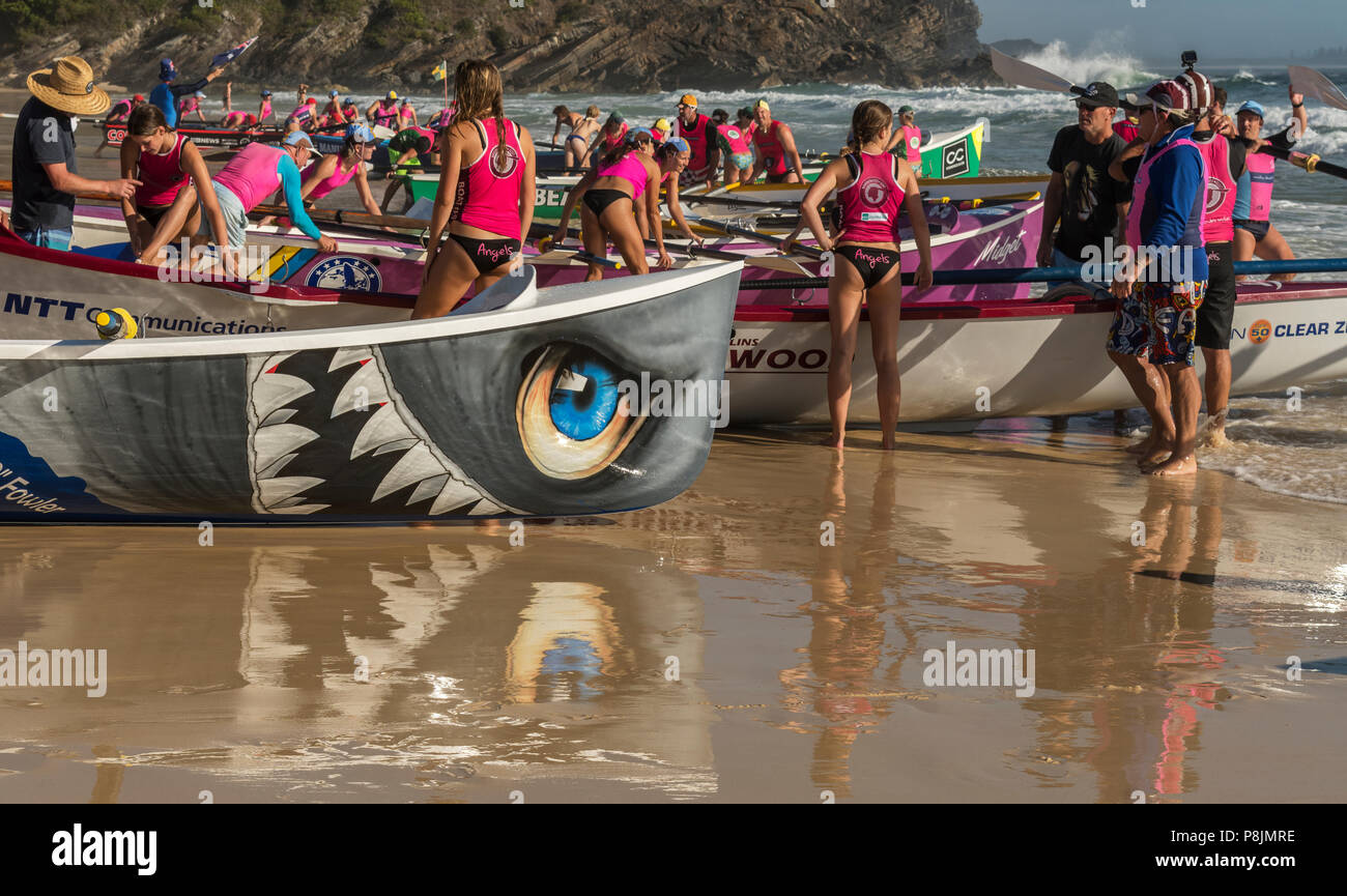 Pacific Palms,New South Wales,Australia. February 25, 2018. Battle of the boats, unidentified surf boat rowers take to the water in NSW Australia. Stock Photo