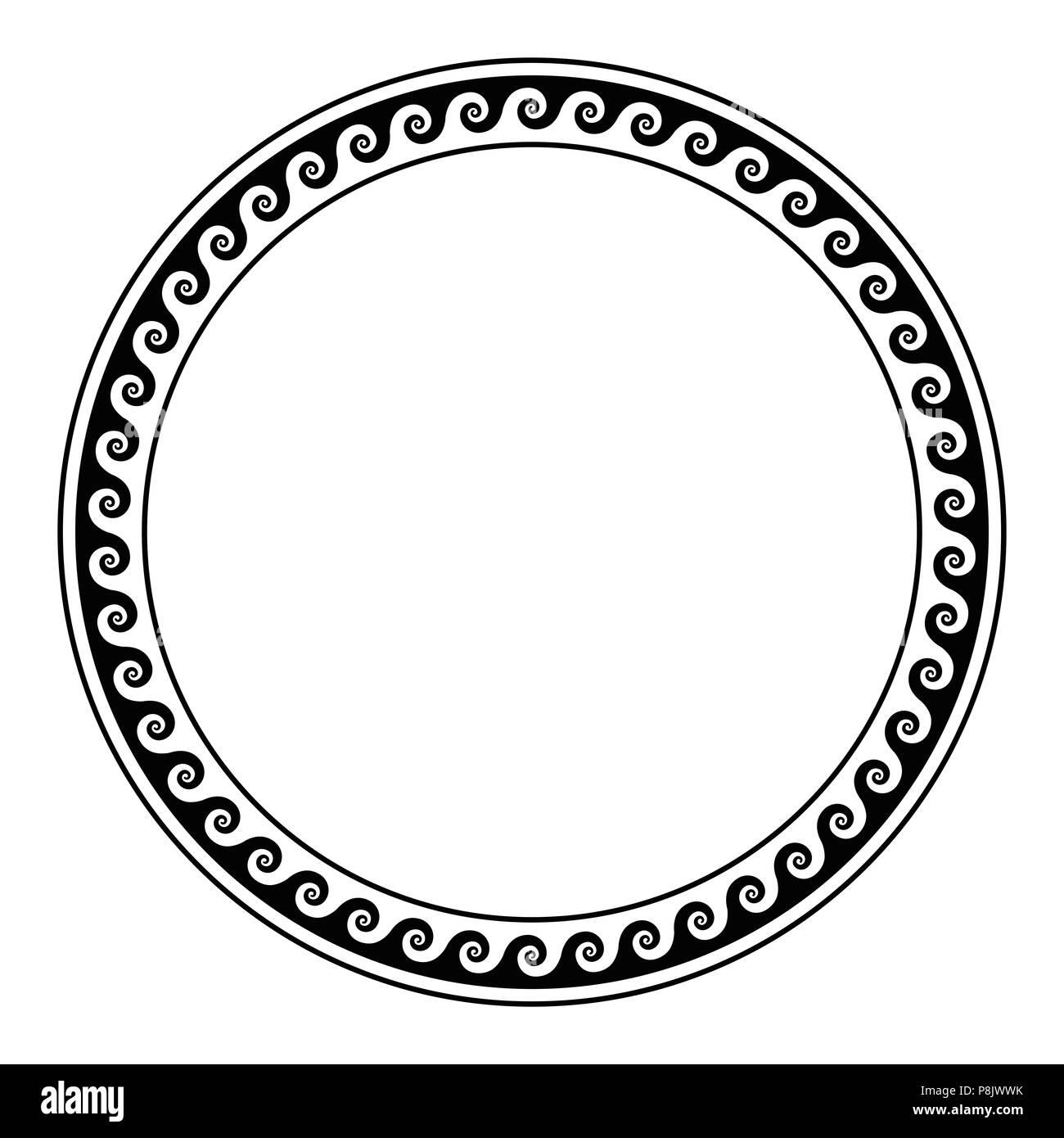 Circle frame, made with running dog pattern. Seamless meander design over white. Waves shaped into repeated motif. Scroll pattern. Stock Photo