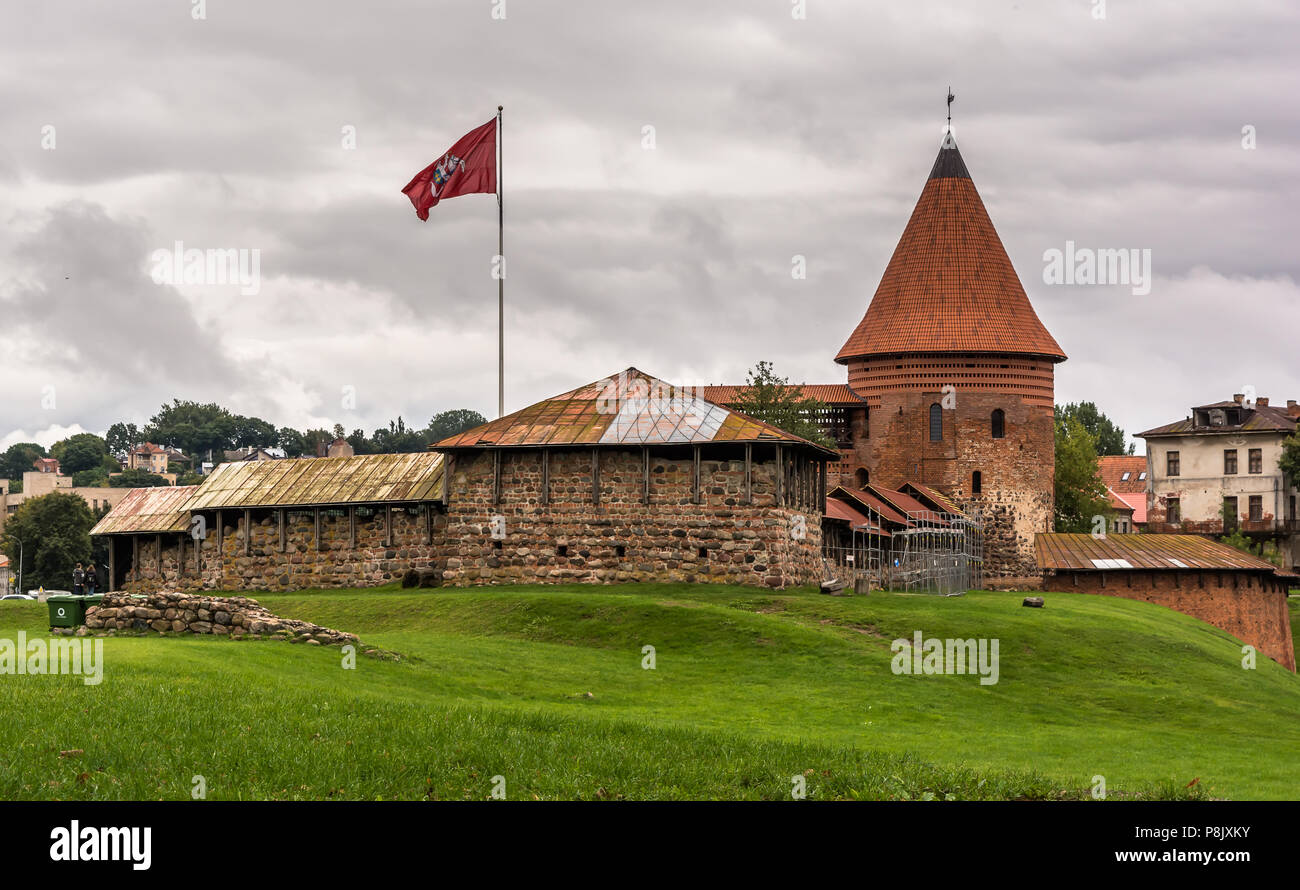 The round tower and the bastion of the mid-14th century, Gothic style medieval castle situated in Kaunas, the second-largest city in Lithuania. Stock Photo