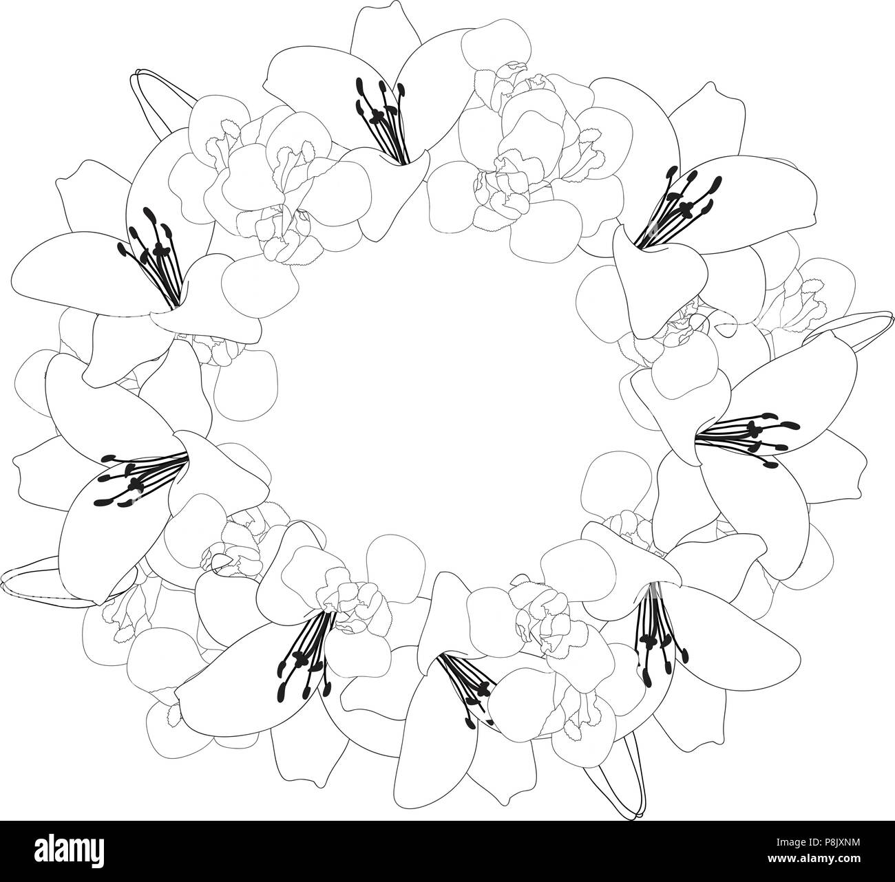 Lily and Iris Flower Wreath Outline on White Background. Vector ...